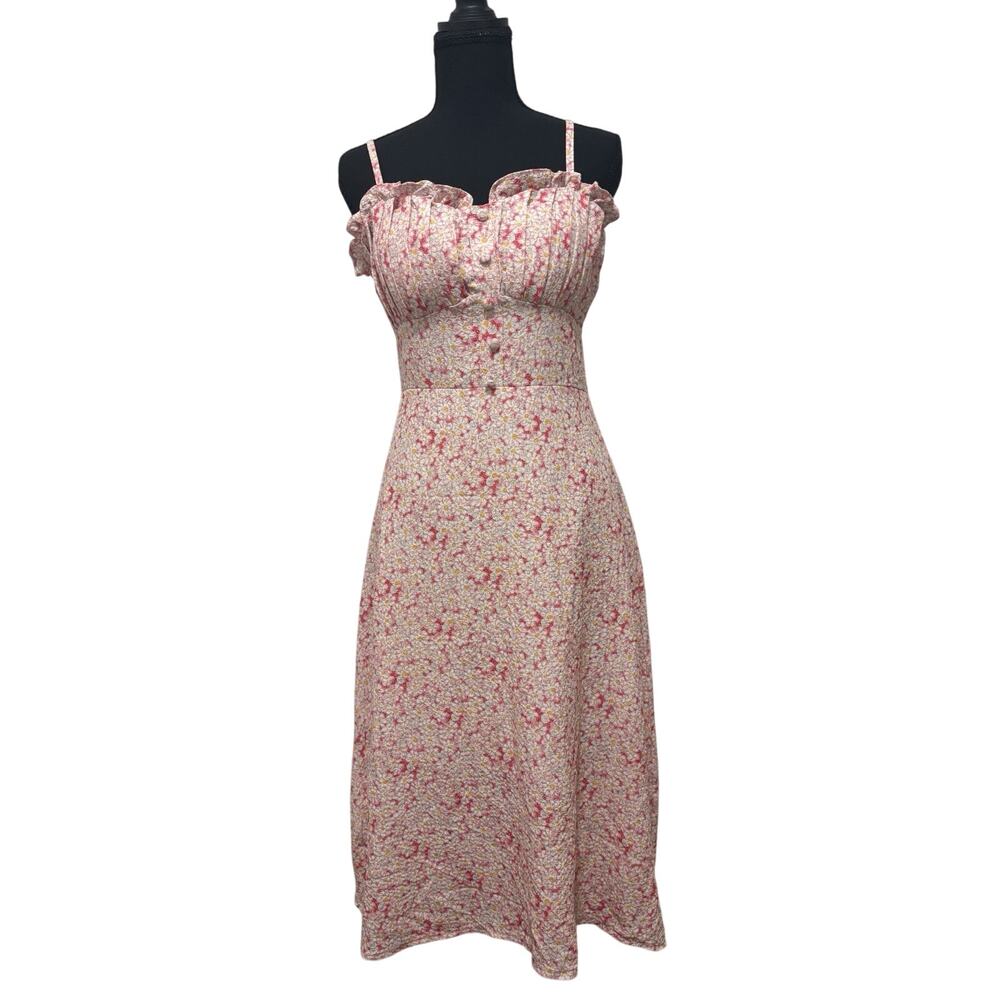 Cosy Pink Floral Smocked Midi Dress Women’s M Cottagecore Milkmaid Sundress